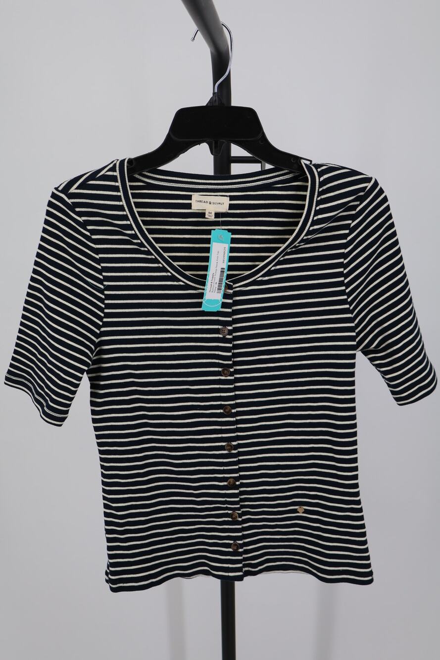NEW Thread & Supply Button Up Knit Top Women's Navy Blue Striped Short Sleeve M